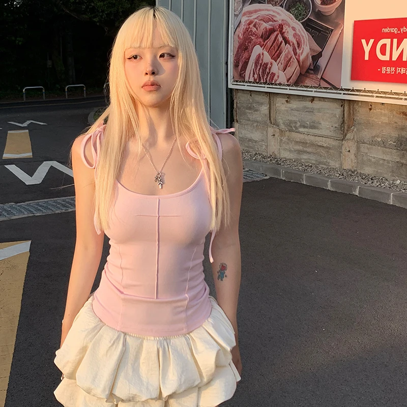 Asas de anjo camisola feminina verão ins sem mangas doce feriado diário com decote em u topos