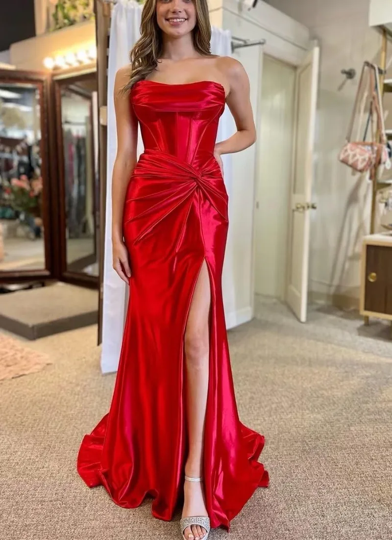 

Women's Mermaid Prom Dress with Slit 2024 Strapless Silky Wedding Party Gown Corset Top Ruched Evening Dress Slim Fit Vestidos