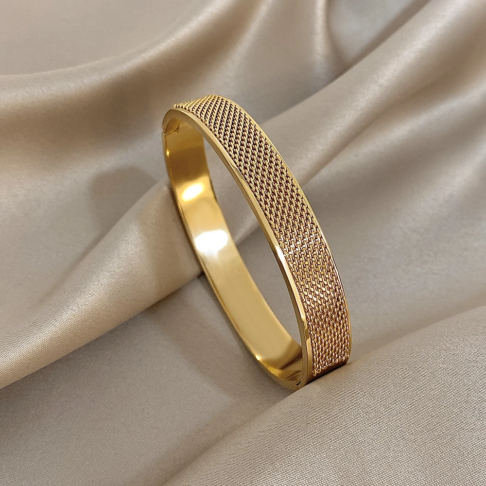 Greatera Einzigartiges Halbkreis-Mesh-Design, Edelstahl-Armband, wasserdicht, europäisch, amerikanisch, goldfarben, Damen-Armreif, Schmuck
