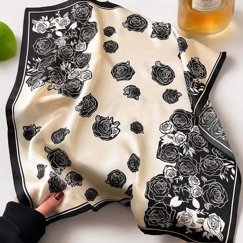 

Luxury Camellia Print Silk Scarf Women New Fashion Satin Neck Hair Tie Band Soft Work Neckerchife Hijab Head Female Foulard