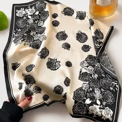 Luxury Camellia Print Silk Scarf Women New Fashion Satin Neck Hair Tie Band Soft Work Neckerchife Hijab Head Female Foulard