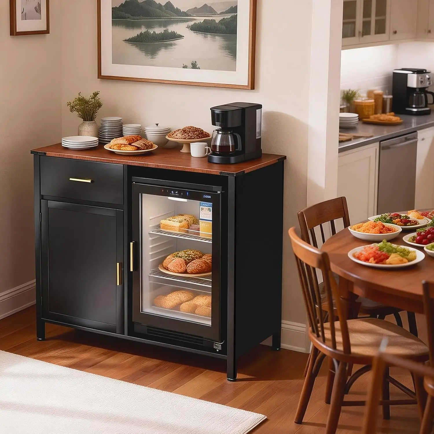 Coffee Bar Cabinet with Mini Fridge Space, Charging Station & LED Lights, 9 Grid Storage, Modern Wine Cabinet, Customized