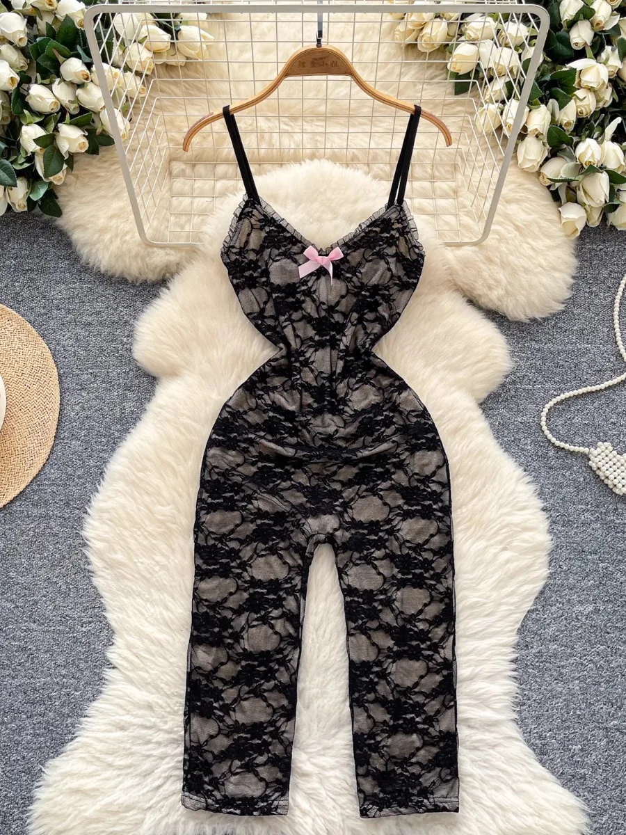 

Foamlina Sexy Lace Slim Fit Vest Bodysuit Women Summer New Hot Girl Black Lace Slimming Halter Skinny Half Pants Jumpsuit