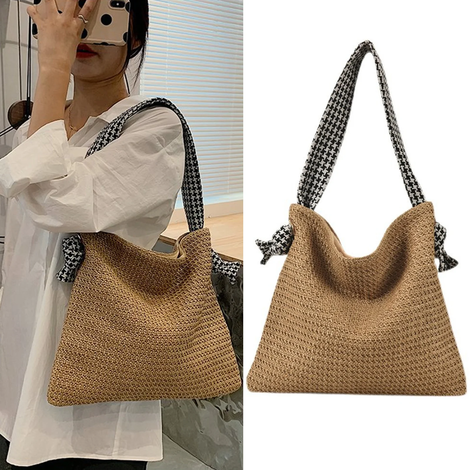 Simple Straw Woven Handbag for Women 2023 Trend Female Handmade Knitting Beach Shoulder Bag Purses Underarm Shopper Tote Bags