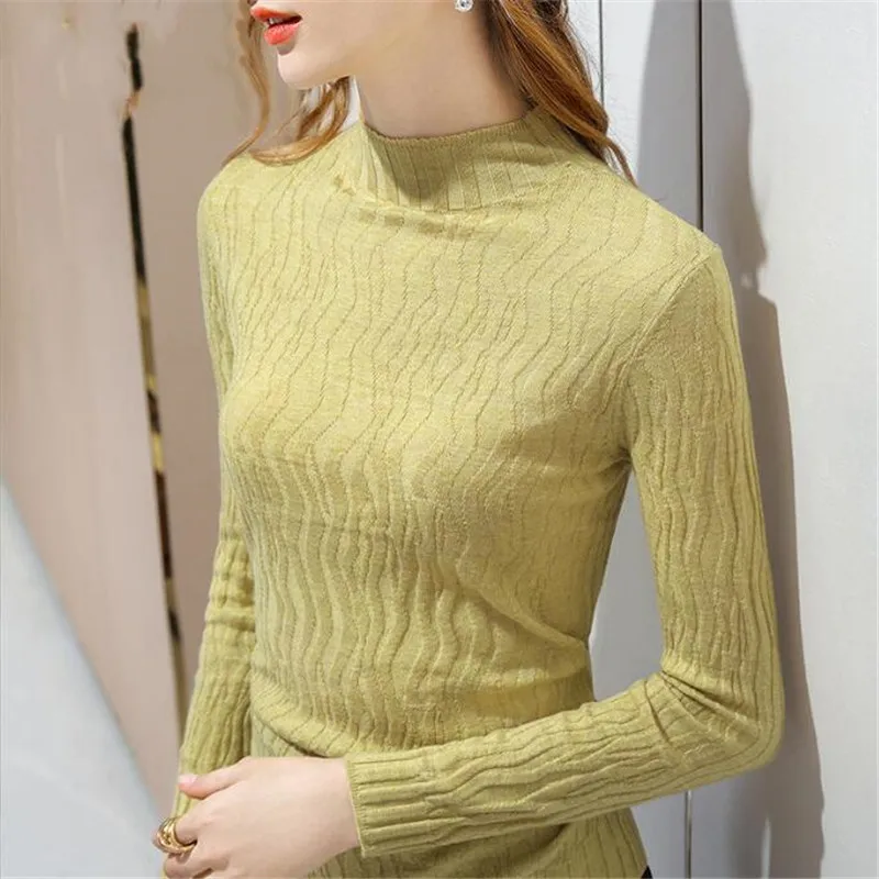 Autumn Winter Half High Neck Undershirts For Women 2024 New Long Sleeved Pullover Knitted Sweater Stylish Knitwear Female Top