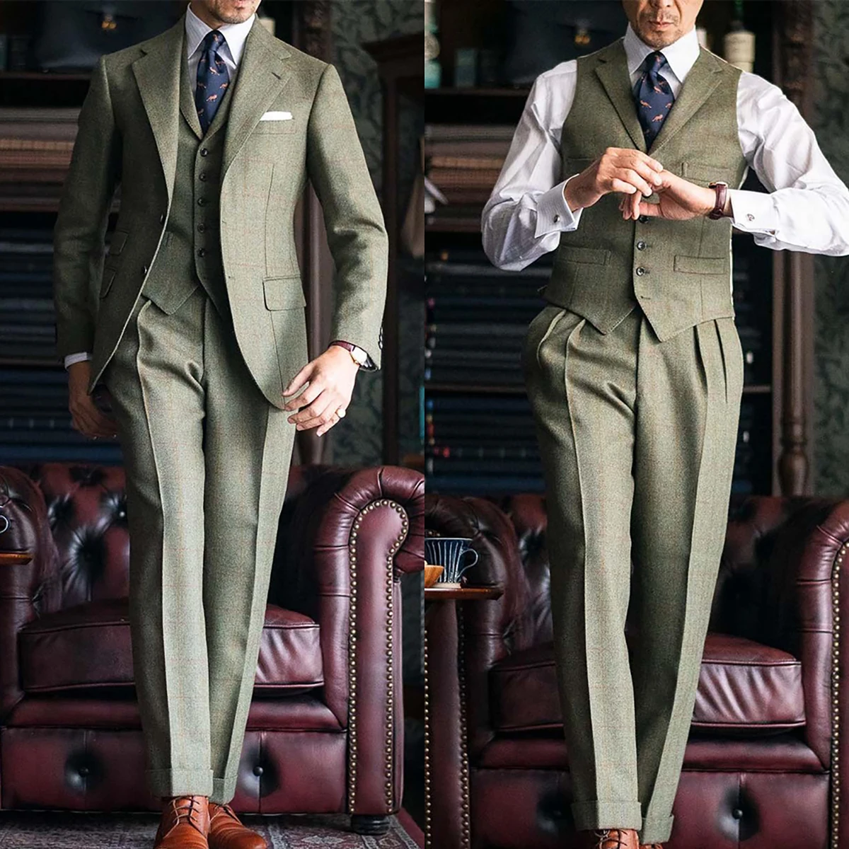 Woolen Green Men Suits 3 Pieces Business Blazer Vest Pants Single Breasted Lapel Wedding Groom Formal Work Party Causal Tailored