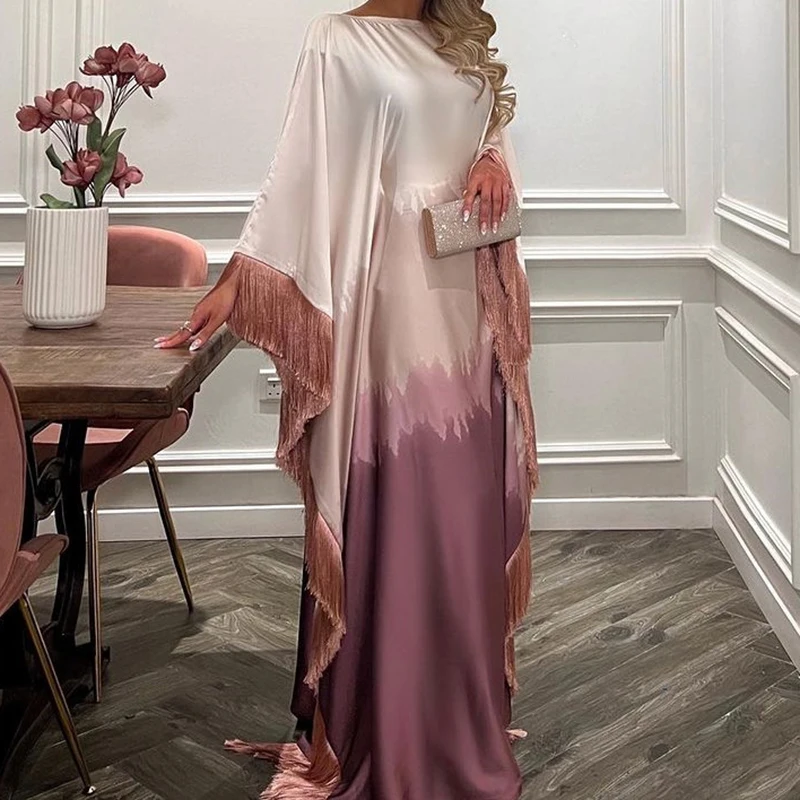 Banquet 2024 Gradient Crew Neck Party Dress Women Chic Tassel Design Loose Maxi Robe Dress Elegant New Long Sleeve Gala Gowns