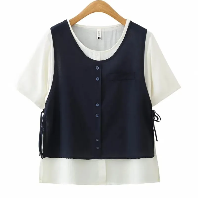 Women Fake Two Piece Short Sleeve Top Loose Belly Cover Casual Slim Summer Pullover Blouse