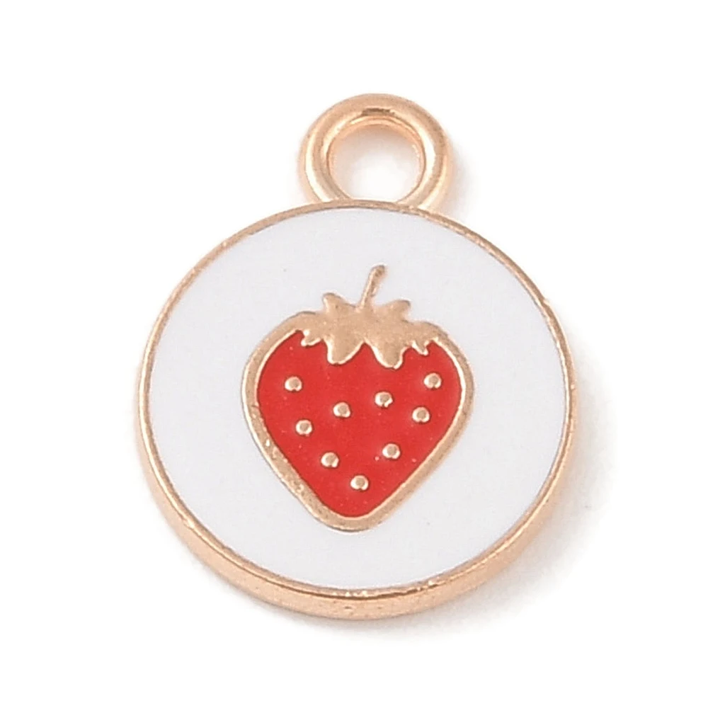 

10PCS Metal Enamel Pendants Light Gold Flat Round with Strawberry Charm White for Making DIY Jewelry Necklace Bracelet Keychain