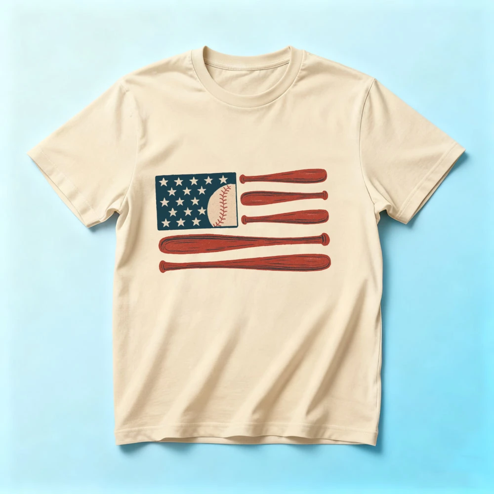 Baseball American Flag Graphic Shirt Retro Hand Drawn Baseball Bat Stripes Baseball Lover Patriotic 4th of July Casual Daily Tee