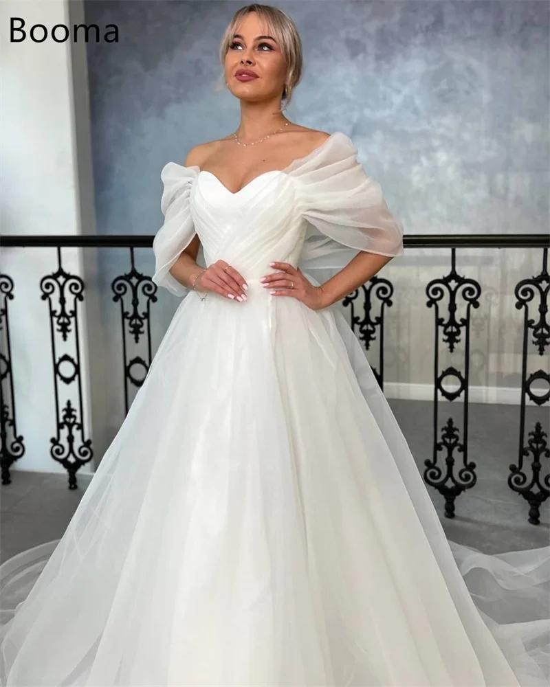 Booma elegante a linha vestidos de casamento longo fora do ombro lado split tull com decote em v vestido de noiva feito sob encomenda 2025