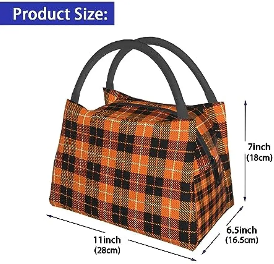 Halloween Lunch Bag Pumpkin Plaid Lunch Box Portable Travel Work Large Capacity Tote Bag for Women Men Lunch Box Bag