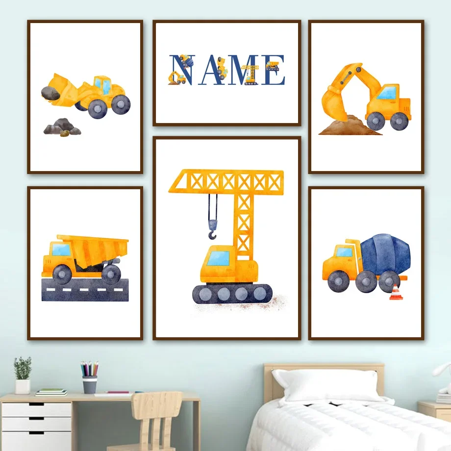 Dump Truck Backhoe Bulldozer Crane Mixer Truck Posters And Prints Wall Art Canvas Painting Wall Pictures Baby Boy Bedroom Decor