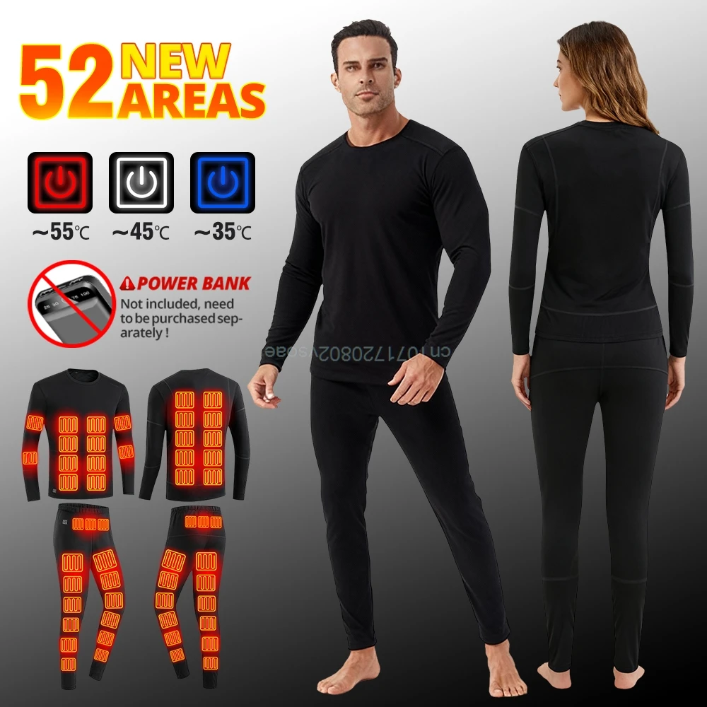 

Winter Heated Underwear Suit Men Women's 52 Areas USB Electric Heated Thermal Underwear Skiing Self Heating Fleece Heated Jakcet