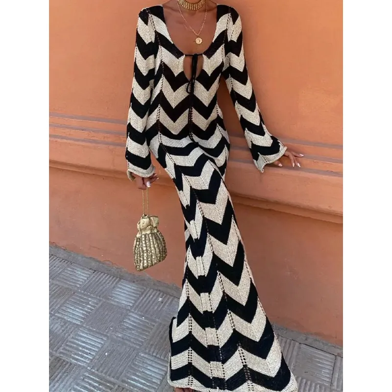 

Chic Wavy Striped Knitted Long Dress Fashion V-neck Lace Long-sleeved Slim-fit Floor-length Dress Summer Women's Vacation Gown