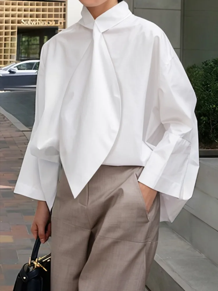 

Yeezzi Women Cotton White Blouses Fashion Tie Design High Neck Long Sleeves Loose Casual Simple Office Lady Commute Shirts Tops