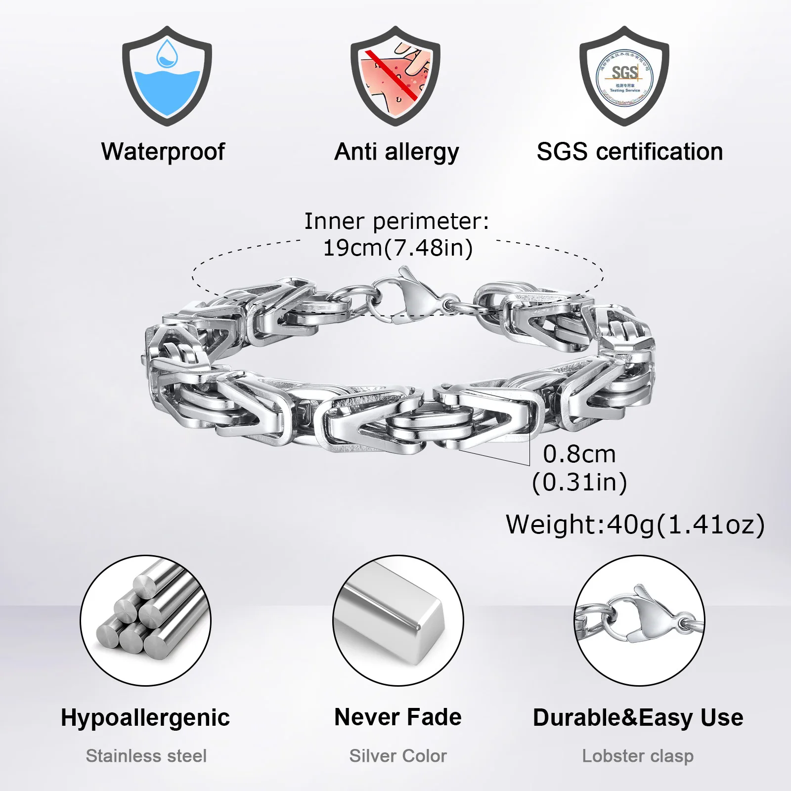 Vnox บุคลิกภาพ V รูป Byzantine CHAIN สร้อยข้อมือผู้ชาย,สีดําโบราณเงินสี 8 มม.สแตนเลส Links CHAIN สายรัดข้อมือ