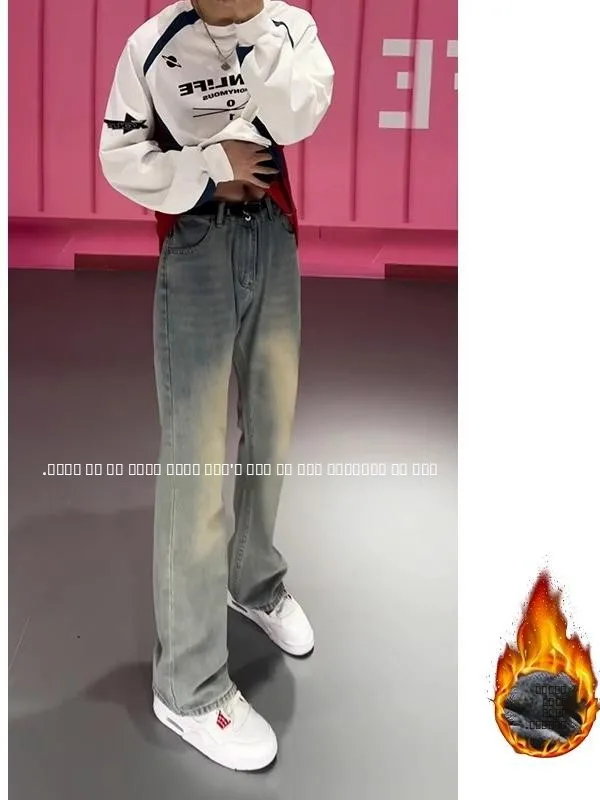 

Мужские прямые джинсы в стиле ретро, синие, с подкладкой, модные брендовые, облегающие, широкие брюки, молодежный стиль, зимняя одежда