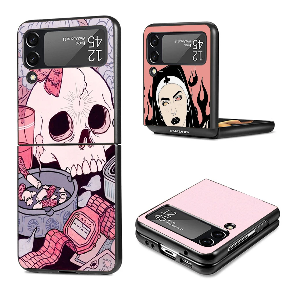 Pink Cat Skull Sorceress Witch Hard Black Cover for Samsung Galaxy Z Flip 4 3 5 5G Phone Case Flip4 Flip3 Flip5 Pattern Luxury