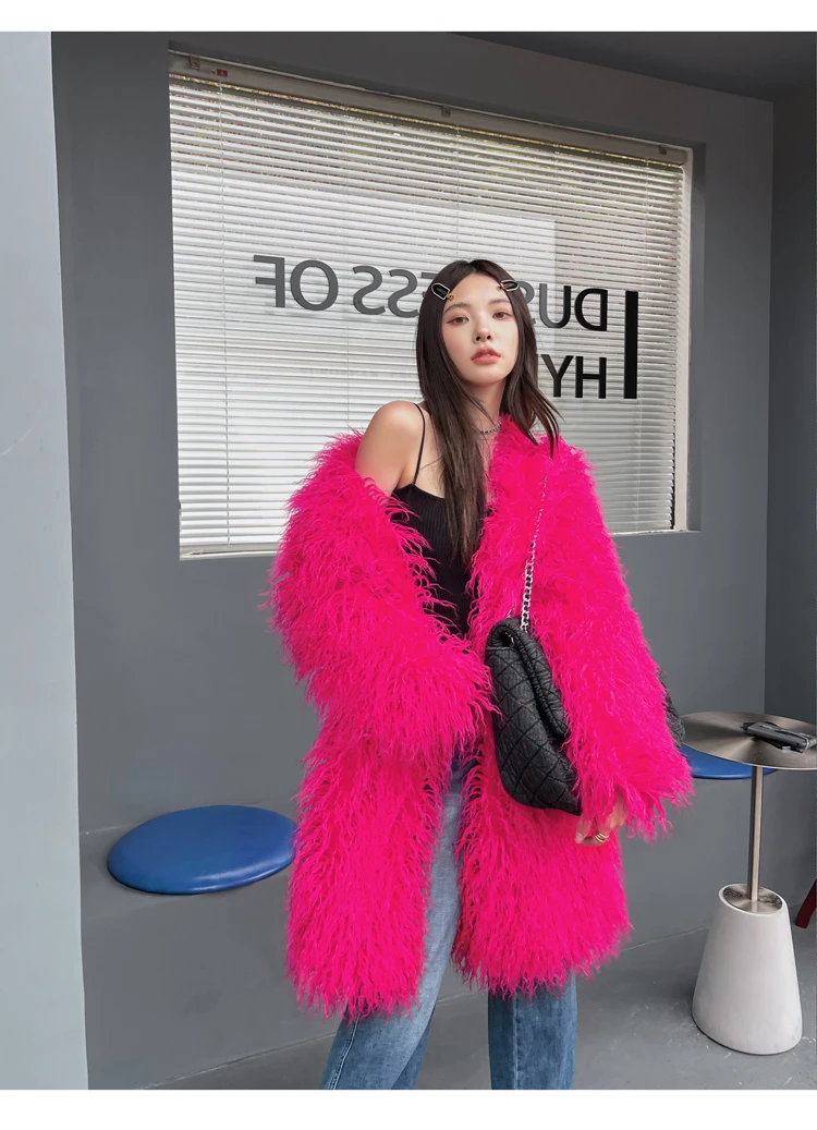 Lady Personalized Faux Fur Coat Female Rose Red Streetwear Long Jacket Women\'s Winter Coats Promotion