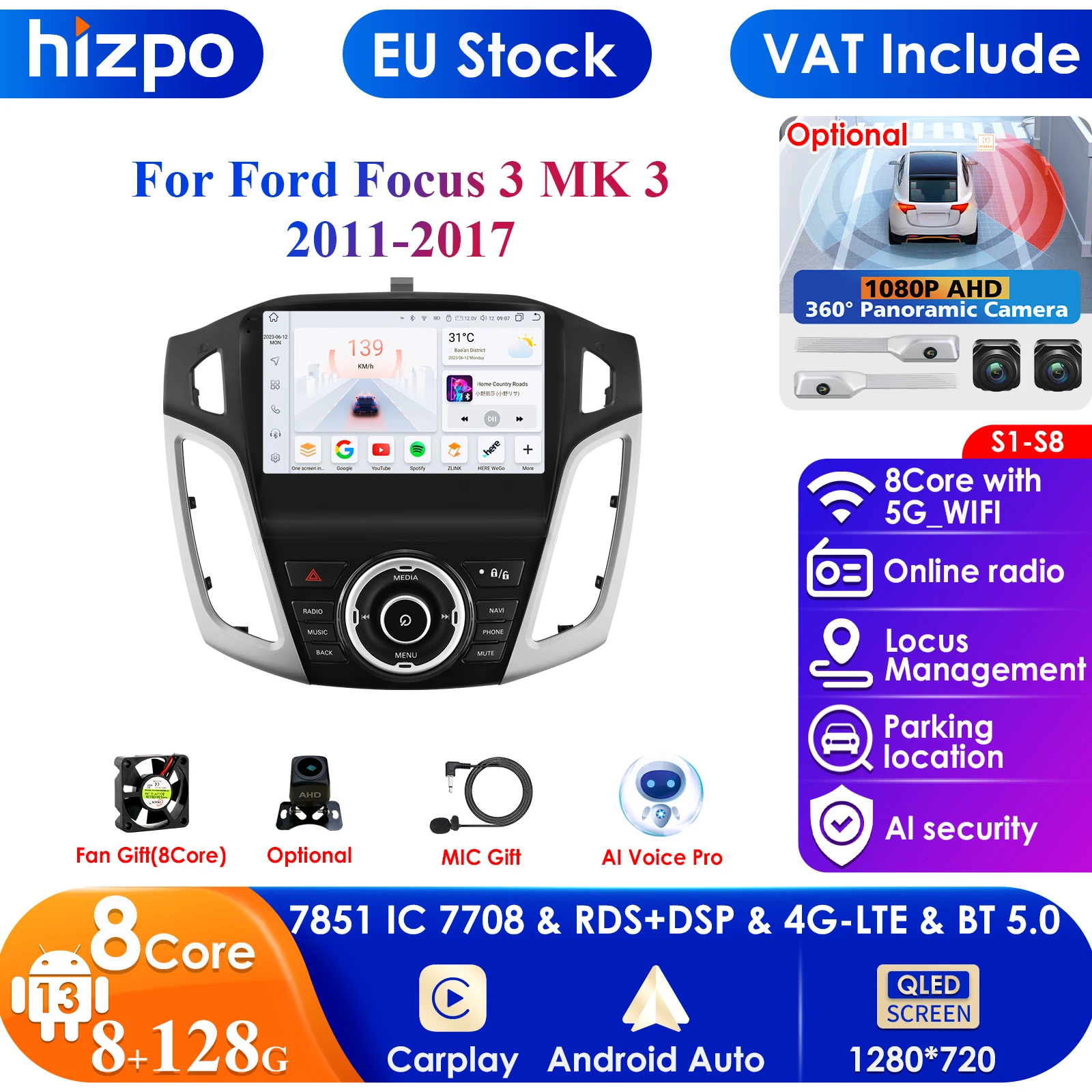 4G-LTE Carplay 2din Android Car Radio Multimedia Video Player for Ford Focus 3 2011 - 2019 MK3 Navigation GPS Stereo HeadUnit BT