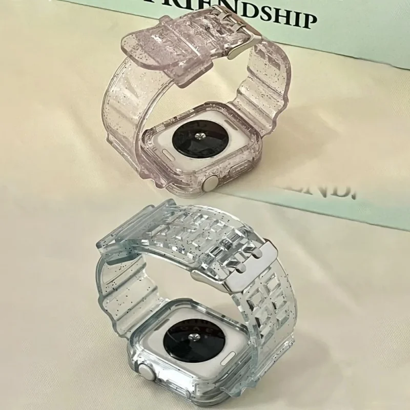 Custodia protettiva con cinturino sportivo glitterato trasparente per Apple Watch 45mm 41mm 44 per la serie 9 8 7 Band donna ragazza cinturino trasparente scintillante