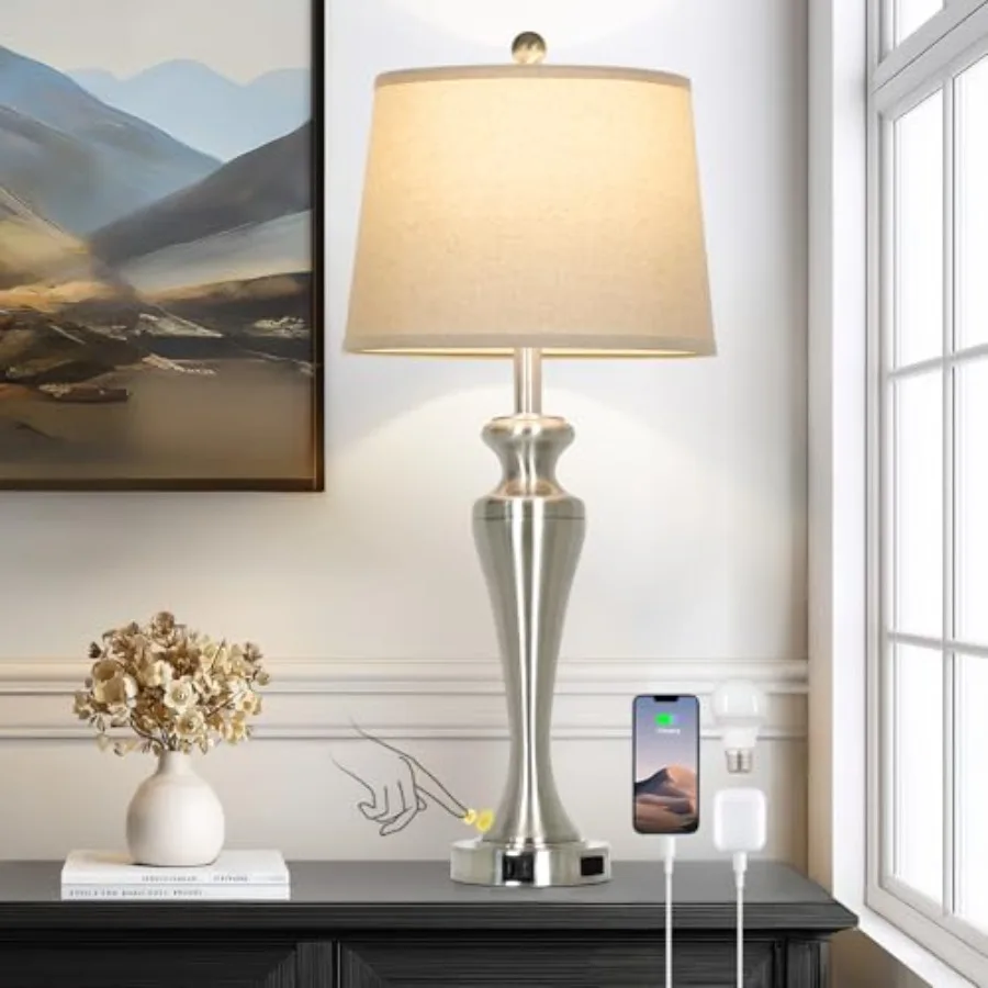 

30" Table Lamp, 3-Way Dimmable Touch Bedside Lamp with USB A+C Ports and AC Outlet, Tall Living Room Lamps for Side Table, Mode
