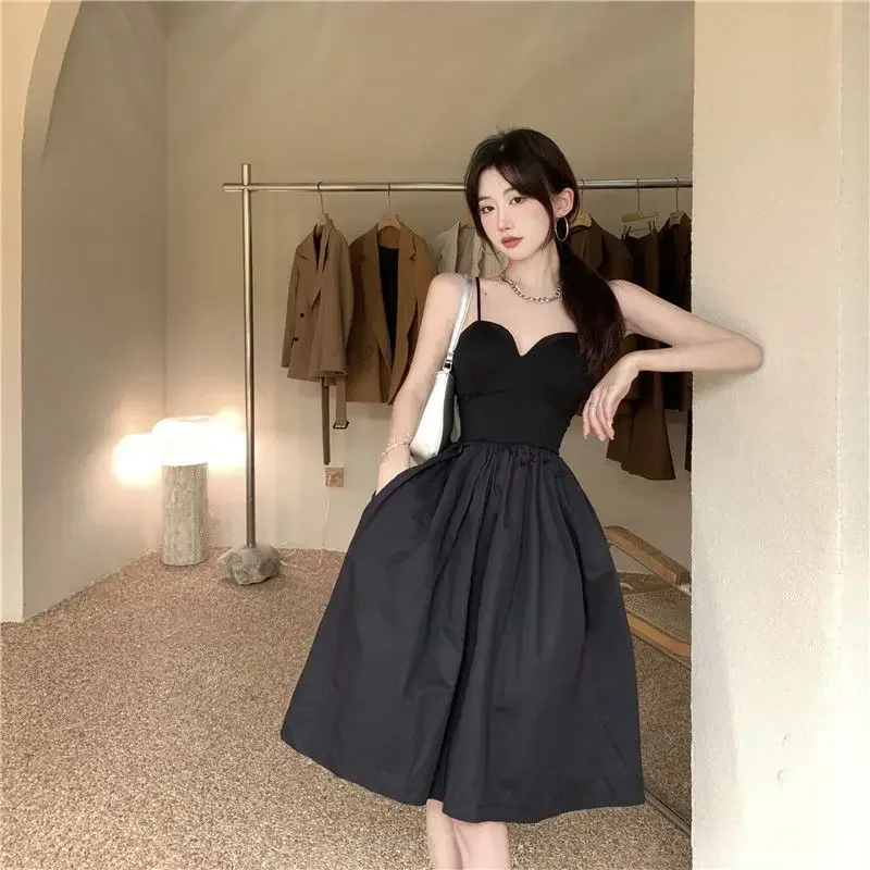 Black Dresses Women Spaghetti Strap Hepburn Goddess Strapless Nightclub Sexy Knee-length Fairy Graceful Vestidos Famous Lady