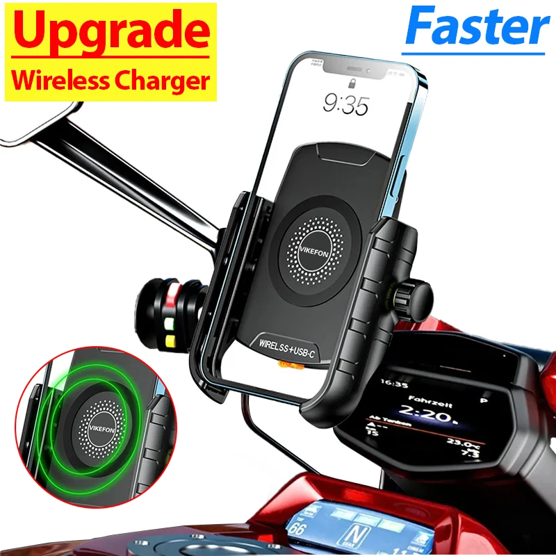 VIKEFON Motorcycle Phone Holder Mount Wireless Charger Moto Motorbike Mirror Stand Support USB Fast Charging Cellphone Handlebar