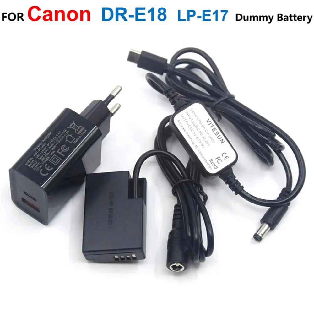 

USB C Power Bank Cable+DR-E18 LP-E17 Fake Battery+ACK-E18 PD Charger For Canon T7i 760D T6S 77D 800D 850D Rebel SL2 R10 X9 X10