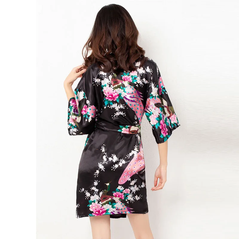 Women Plus Size Pajamas Bathrobe Woman Shower Peacock Print Sleepwear Bride Morning Robe Ladies Silk Robe Bath Robe Black Soft