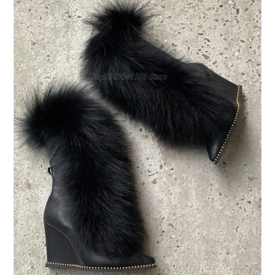 Winter Fox Faux Fur Boot Shoes for Women Leather Heeled Boots High Heel Shoes Delicate Bead Decoration 2023 Zapatos Para Mujere