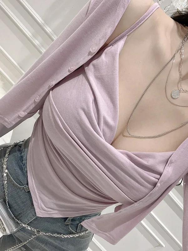 2024 Summer New Korean Version Fashion Set V-neck Tight Pleated Sling+long Sleeve Single Breasted Cardigan Two-piece Set ZBOK