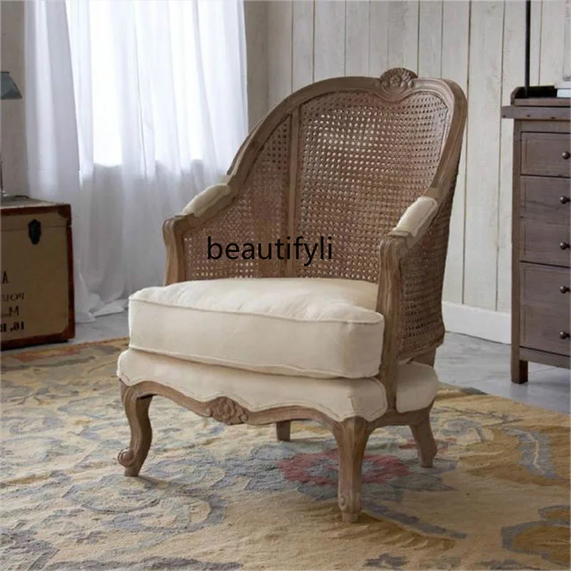 Wood Carved Rattan Single Sofa Rattan Vintage Bed & Breakfast Removable and Washable Wingback Chair