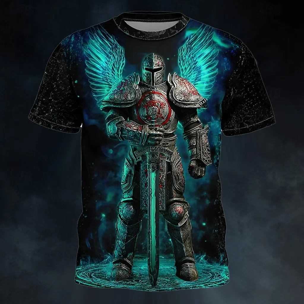 Men's Fantasy Winged Knight Sword Graphic T-Shirt Gothic Mystic All Over Print Streetwear Casual Tee for Spring & Summer