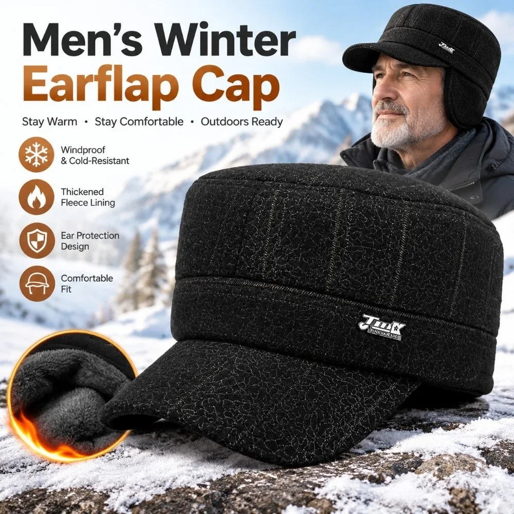 Classic Style Fleece Lined Men Flat Cap Cold Proof Thickened Newsboy Cap Cotton Fabric Ear Protection Gatsby Cap Daily Wear
