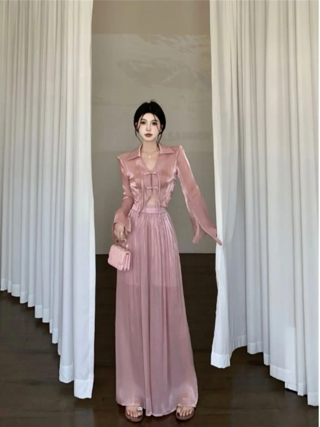 

Summer Chinese Style V-neck Button Sunscreen Quicksand Shirt + Loose High Waist Wide-leg Trousers 2 Piece Sets Womens Outfits