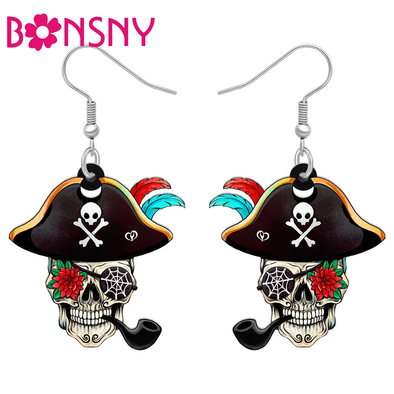 Bonsny Acrylic Pirates Flower Tobacco Bottles Skull Earrings Novelty Dangle Drop Charms Fashion Accessories For Women Kids Gifts