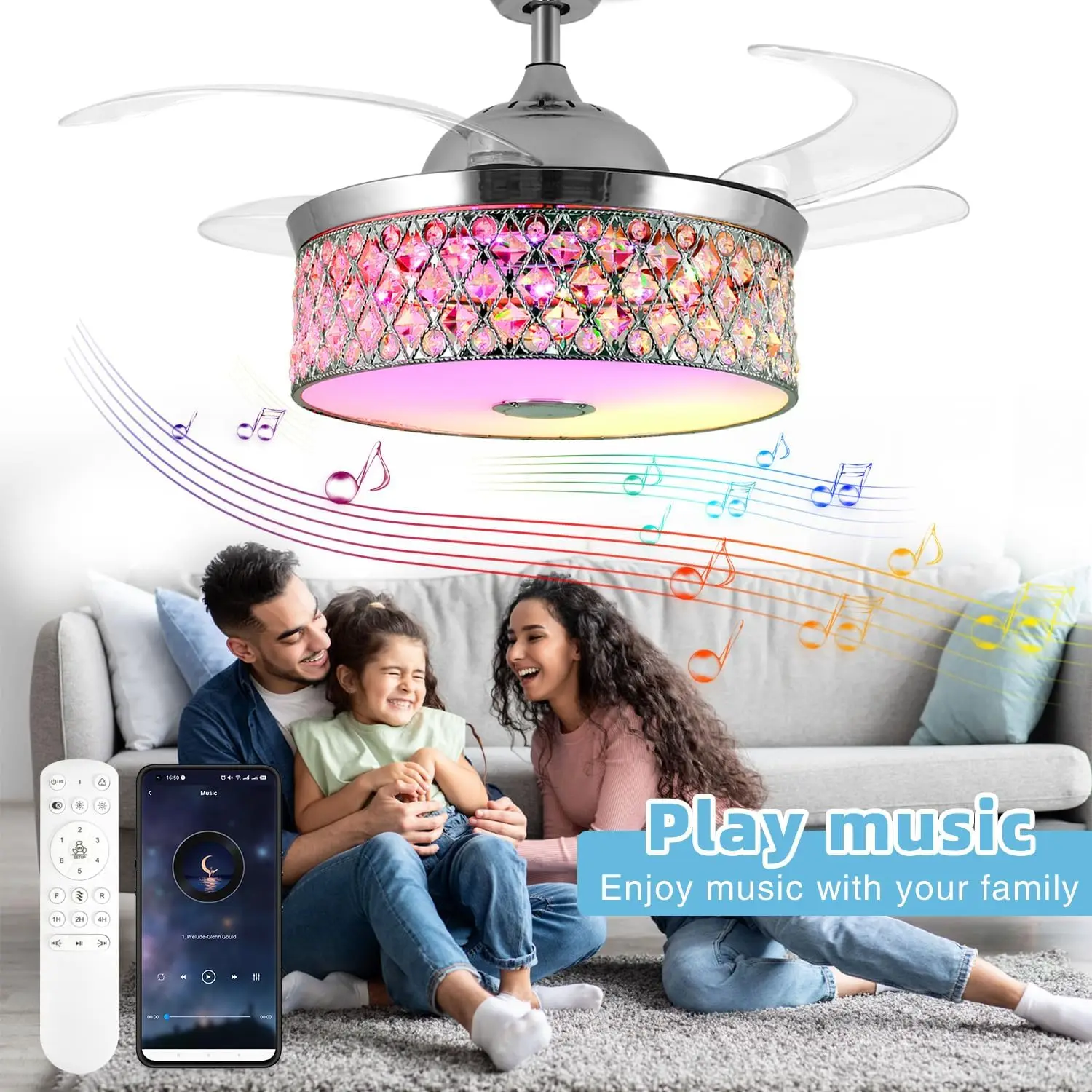 Retractable Crystal Ceiling Fan with Lights and Remote, Bluetooth Ceiling Fan with Speaker,Dimmable Light 6 Speeds Blades