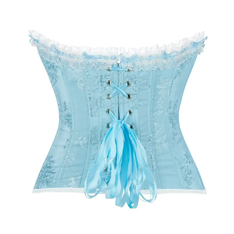 Sexy Sky Blue Vintage Jacquard Overbust Corset Pearl Buttons Lace Decorative Side Zipper Body Shaper Bustiers Tops