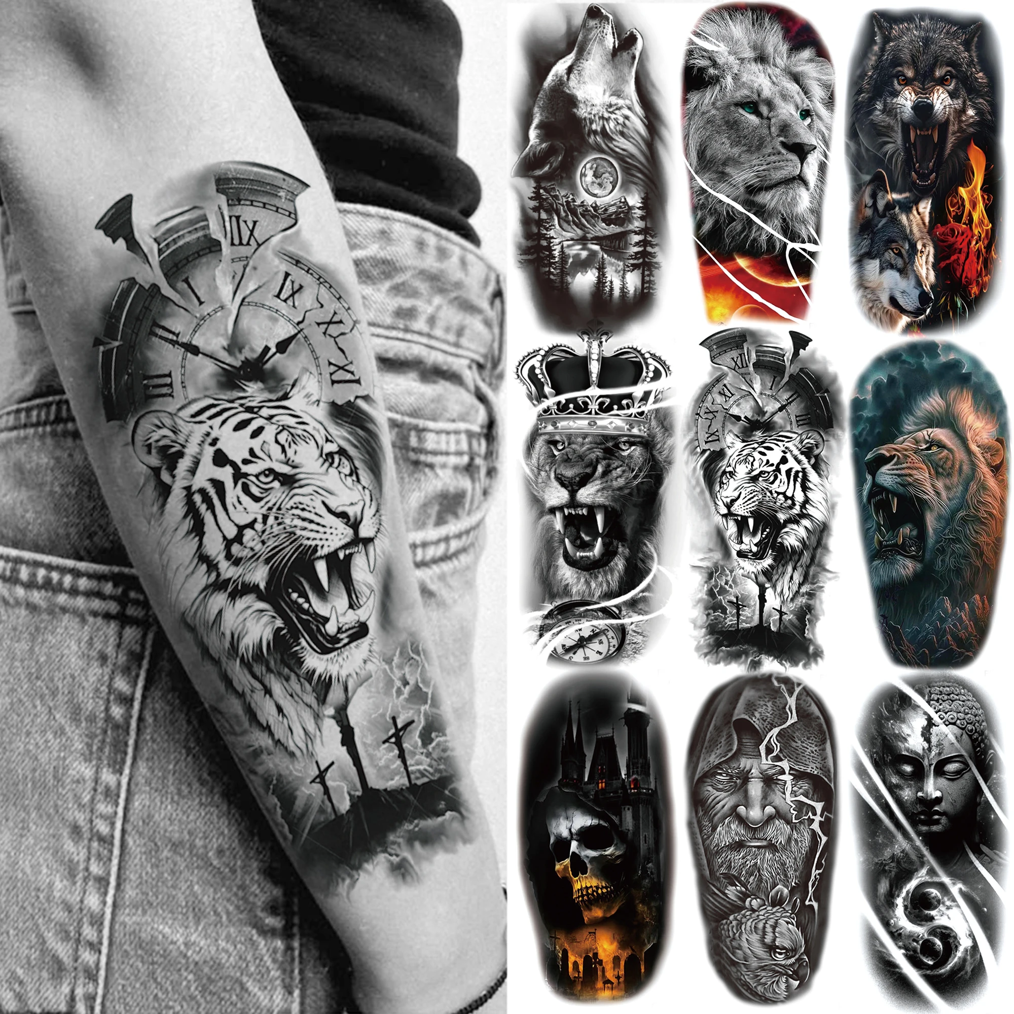 

1 Sheet Realistic Fake Tiger Lion Wolf Temporary Tattoos For Men Women Adults Zeus Skull Tattoo Sticker Body Art Arm Leg