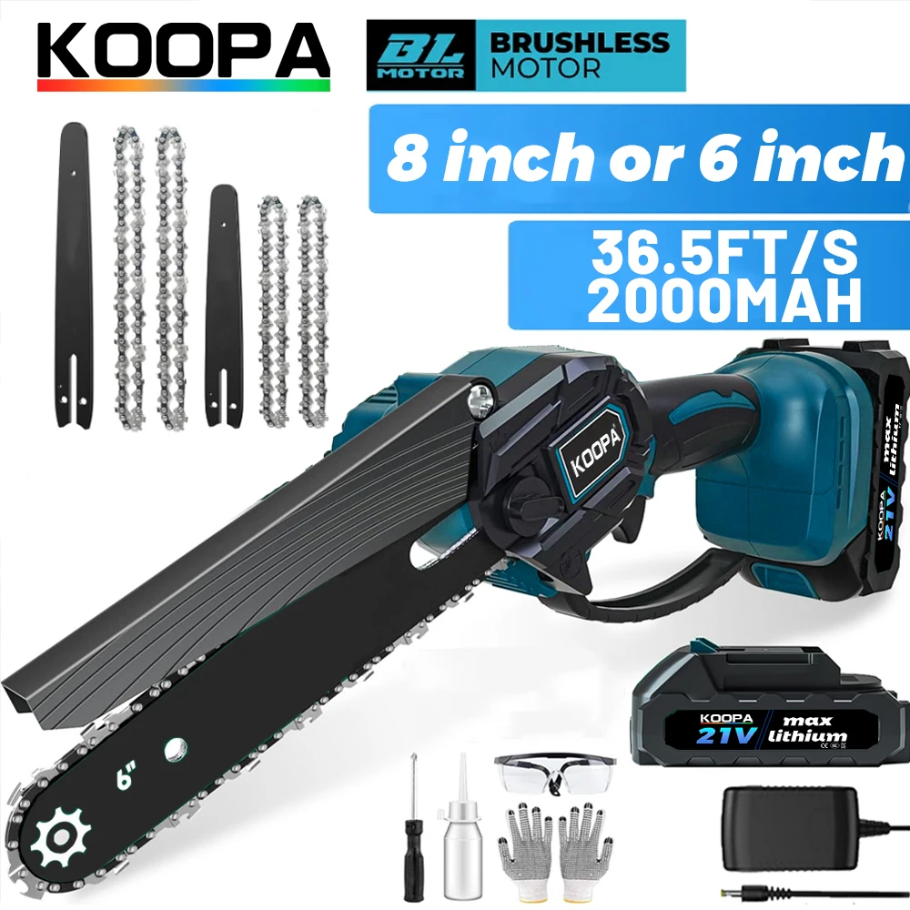 Koopa Tool Cordless 6 or 8 Inch Brushless Mini Chainsaw with 2.0Ah Battery Portable Handheld for Garden Courtyard Cutting