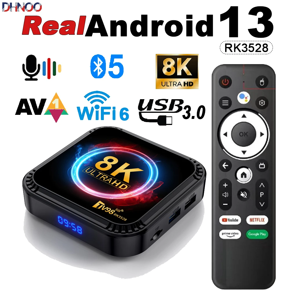 Android TV Box 4K 8K HD Real Android 13 TV98 RK3528 Dual WiFi 6 Bluetooth 5.0 Голосовой пульт дистанционного управления 32 ГБ 64 ГБ Медиаплеер Smart TV Box