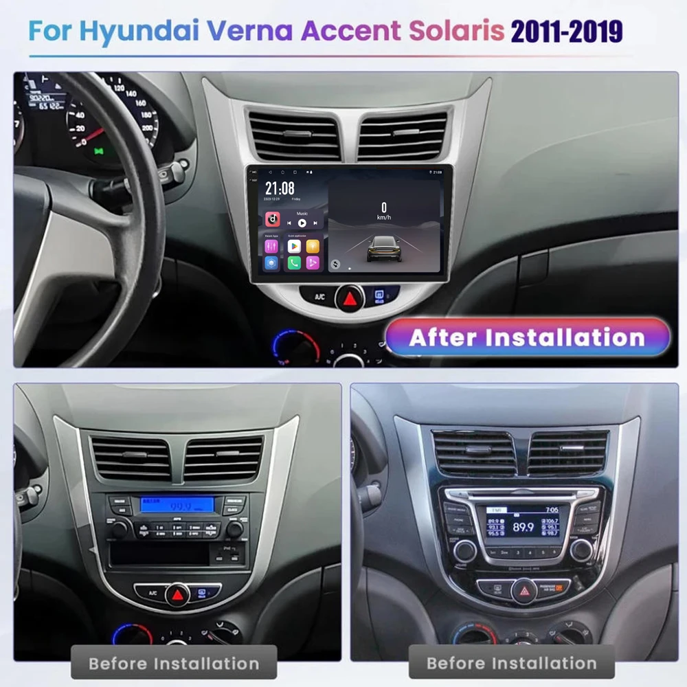 GPS 9“ For Hyundai Accent 2011-2019  Wireless CarPlay Android 15 Car Radio WIFI Multimedia Player Head Google Camera 4GB+64GB