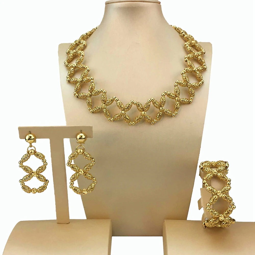 Hot selling Women Jewelry Set Gold-Plated Necklace Earrings Bracelet Sets Girls Birthday Gifts FHK18056