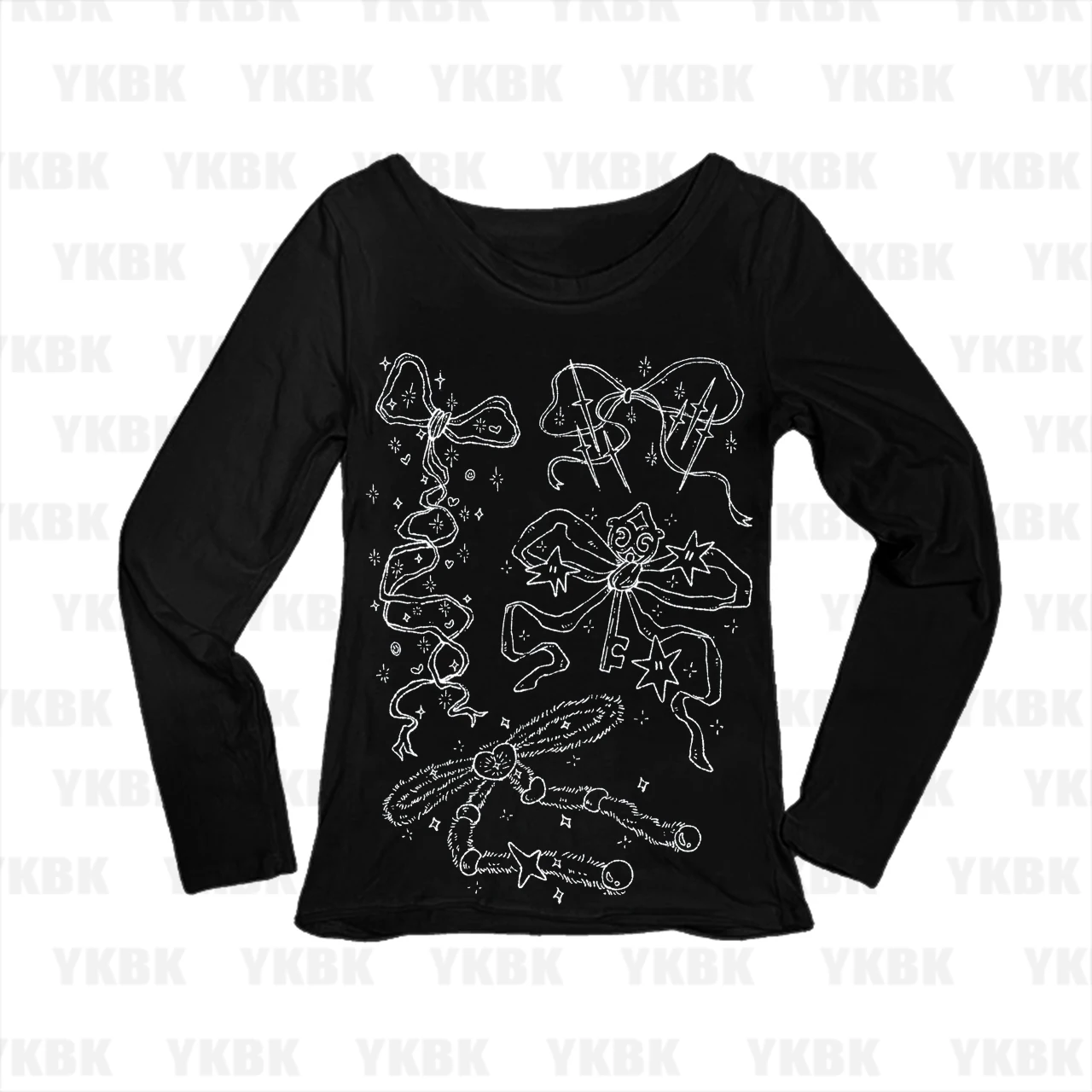 Cute Sketch Bow & Star Women Long Sleeve Tee Y2K Grunge Aesthetic Slim Black White Doodle Art Street T-shirt