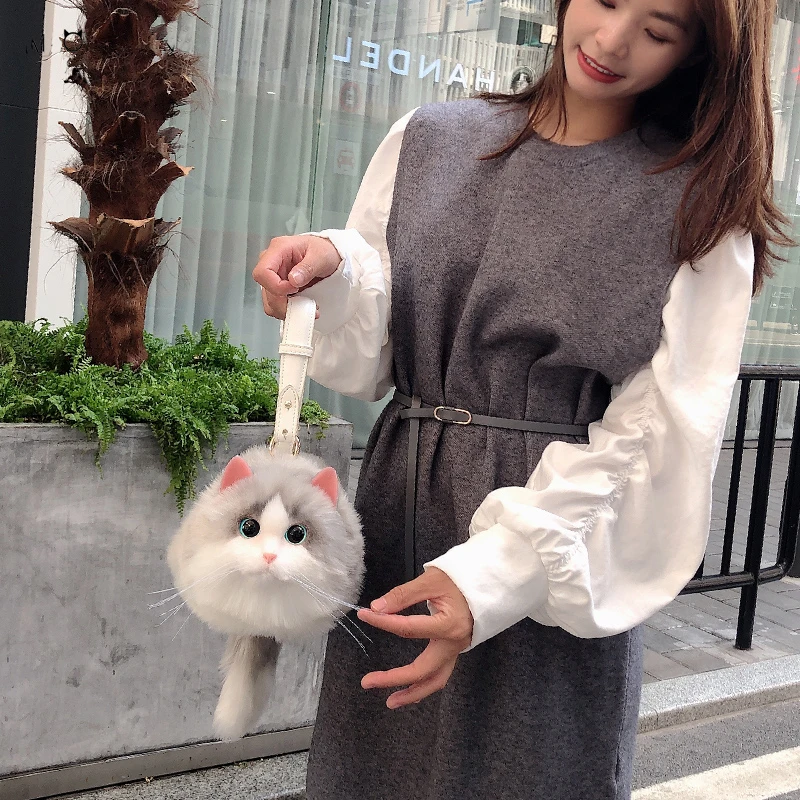 

Plush Fashion Cute Cat Bag Plush Stuffed Animal Crossbody Bags Women Fashion Winter Soft Purse Cartoon Handbags Super Emulation