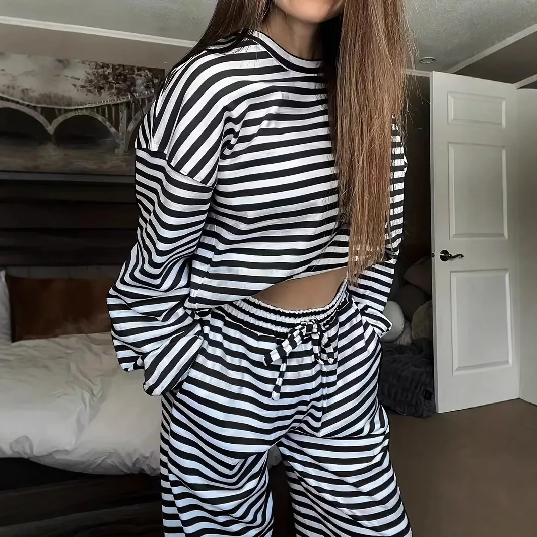 Comfortable Casual Stripe Pants Sets Women Design Sense Pullover Long Sleeve T-shirt Trousers Two Piece Set Female Spring New