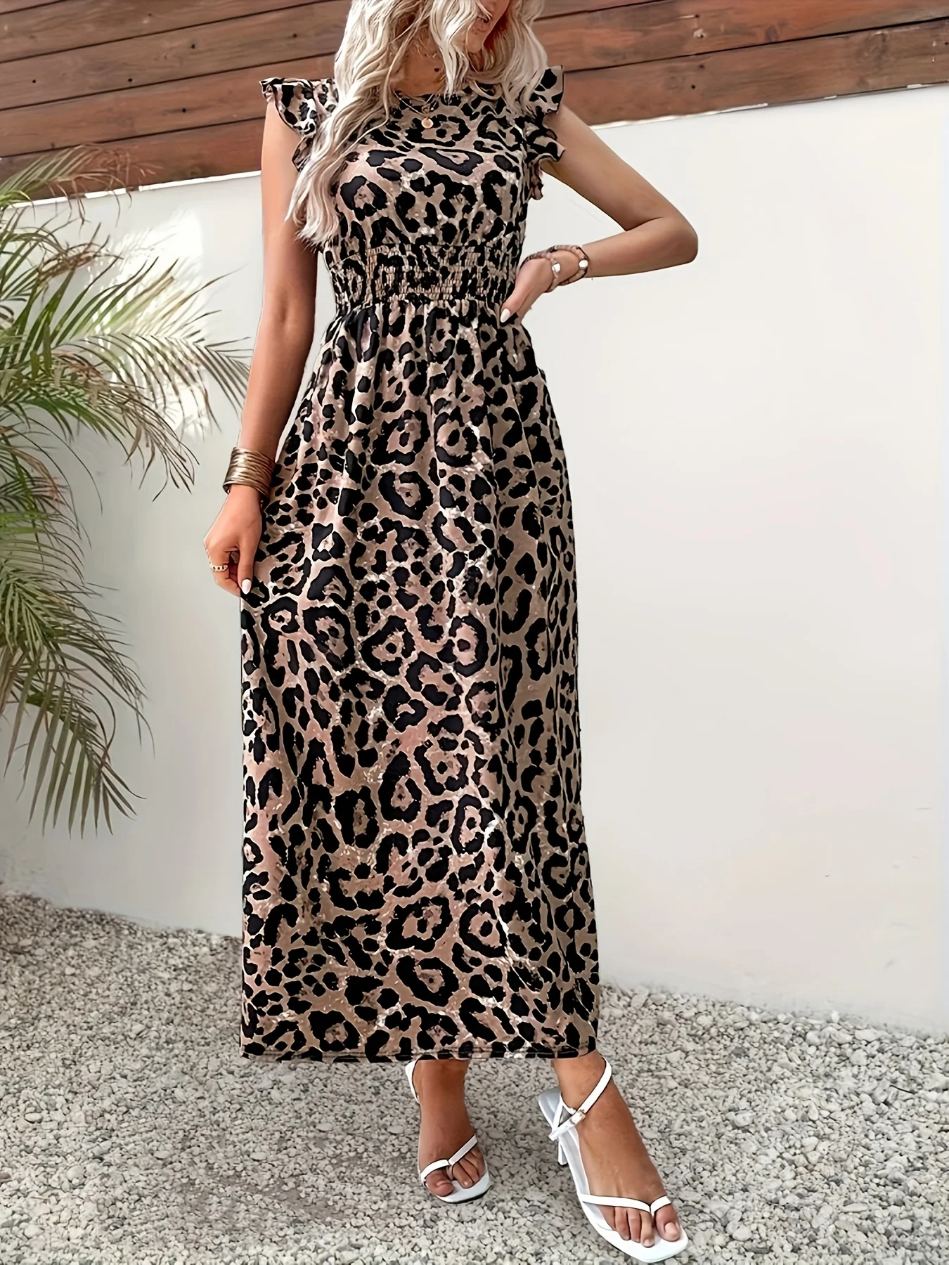 Dames normale maat luipaardprint ruches mouw riem taille maxi-jurk - 2025 casual feestavondjurk