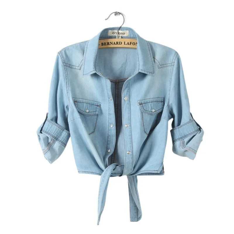 Women's Seven-quarter Sleeve Denim Crop Top Tie Shirt Cardigan